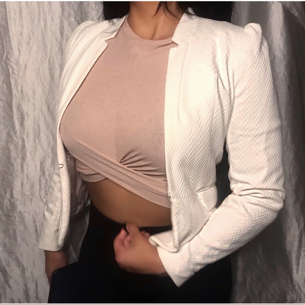 H&M White Textured Puff Sleeve Blazer